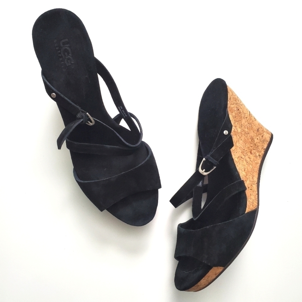 UGG Jullita Black Suede Strappy Cork Wedge Sandals